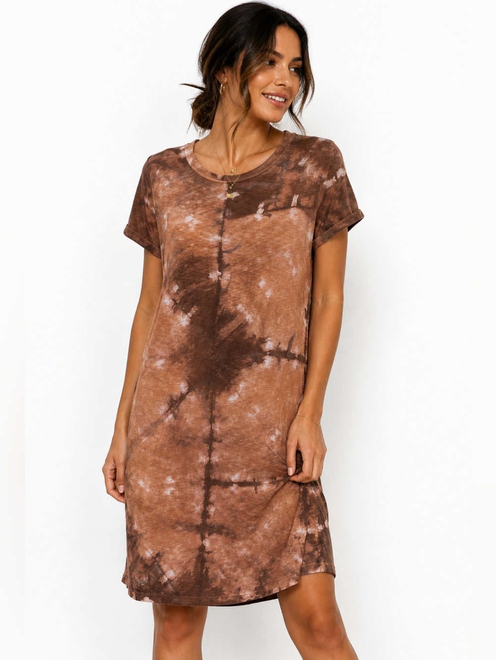 Nation LTD Tie Dye Pima Cotton T-Shirt Dress Size S Brown Neutral Soft Casual
